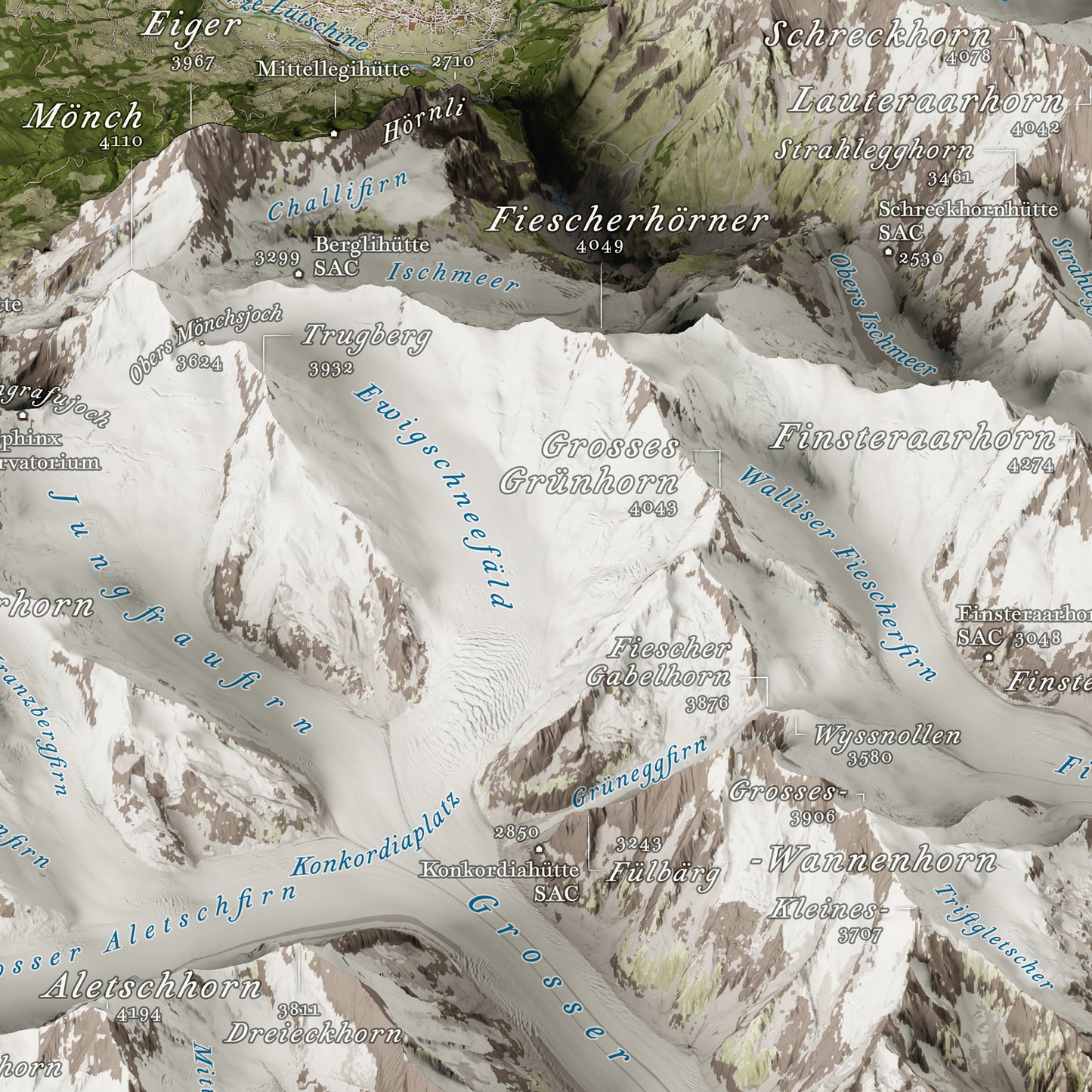 Cartina 3D Alpi Svizzere Jungfrau–Aletsch con Eiger, Mönch, Fiescherhörner, Finsteraarhorn, Konkordiaplatz / Swiss Alps Jungfrau–Aletsch 3D map with Eiger, Mönch, Fiescherhörner, Finsteraarhorn, Konkordiaplatz