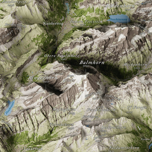 Cartina 3D Alpi Svizzere Jungfrau–Aletsch con Rinderhorn, Balmhorn, Doldenhorn, Oeschinensee / Swiss Alps Jungfrau–Aletsch 3D map with Rinderhorn, Balmhorn, Doldenhorn