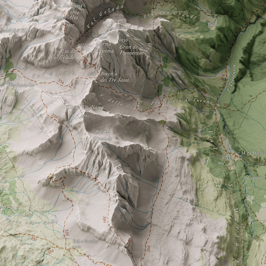 Cartina 3D panoramica delle Dolomiti di Brenta – Particolare di Cima Vagliana / 3D panoramic map of the Brenta Dolomites – Detail of Cima Vagliana