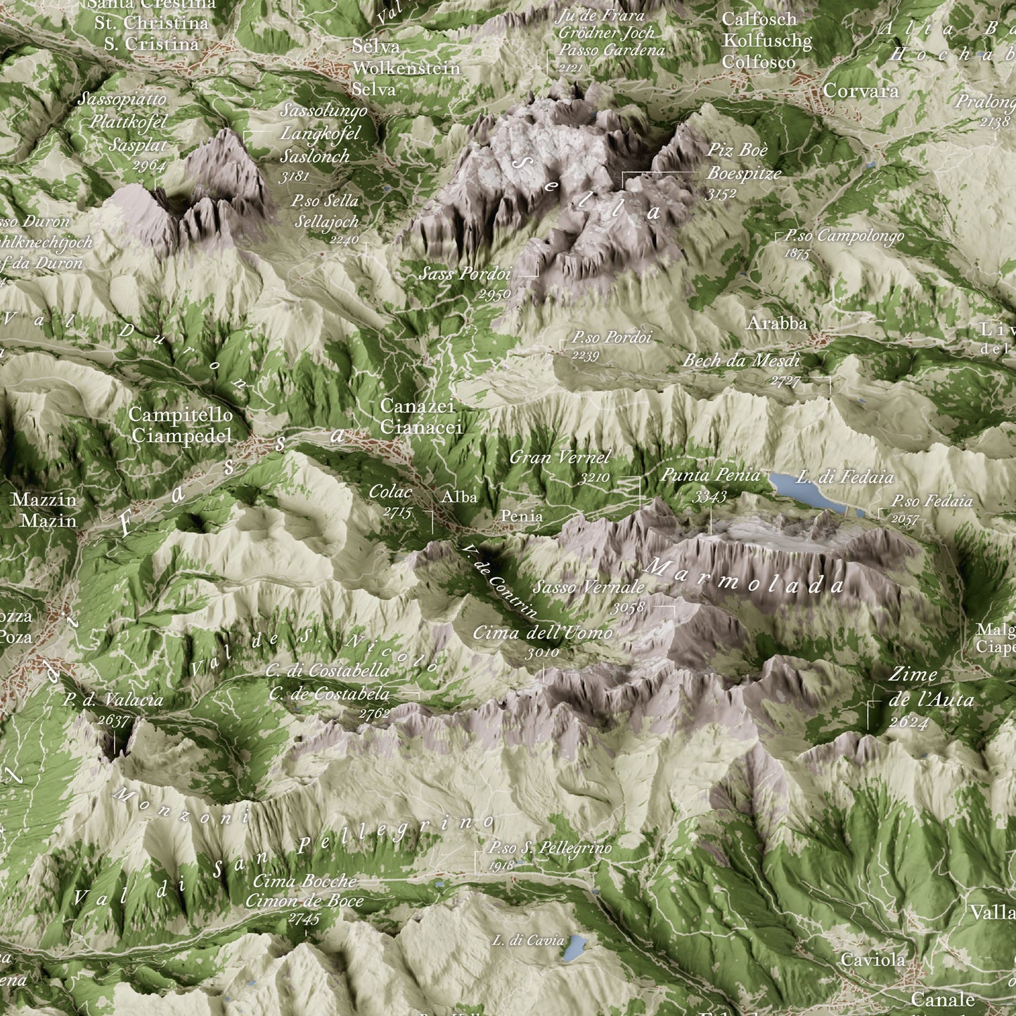 Cartina 3D panoramica delle Dolomiti – Particolare Gruppi Sella, Sassopiatto, Sassolungo e Marmolada / 3D panoramic map of the Dolomites – Detail of the Sella, Sassopiatto, Sassolungo and Marmolada groups