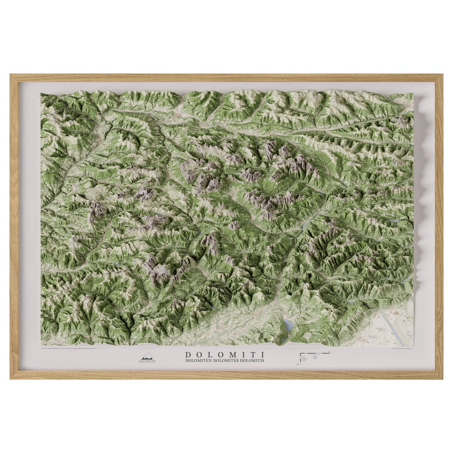 Cartina 3D panoramica delle Dolomiti in proiezione ortografica obliqua / 3D panoramic map of the Dolomites in oblique orthographic projection