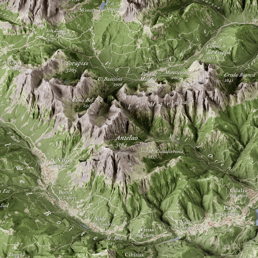 Cartina 3D panoramica delle Dolomiti – Particolare Antelao, Sorapiss e Marmarole / 3D panoramic map of the Dolomites – Detail of Antelao, Sorapiss and Marmarole