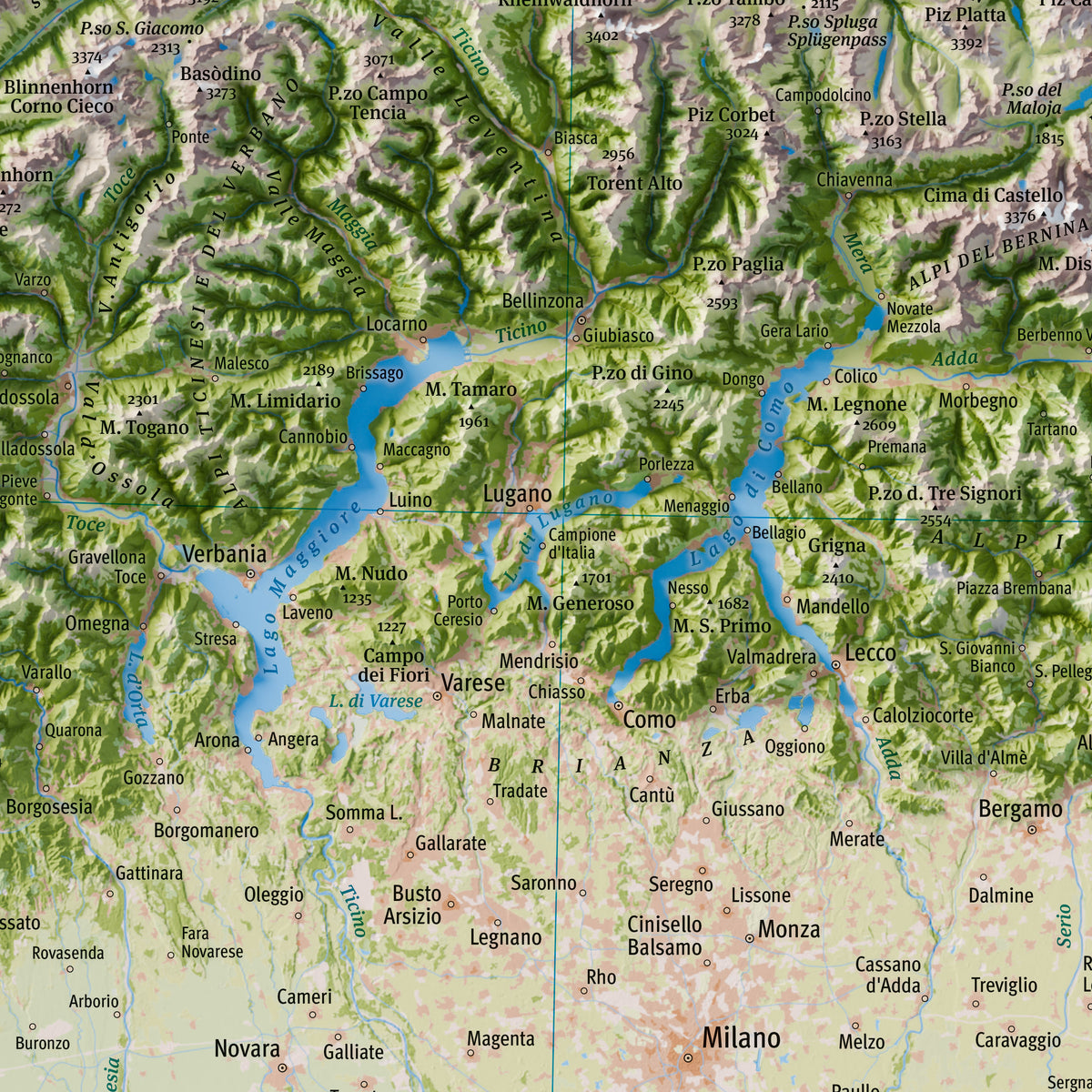 Mappa fisica delle Alpi, dettaglio laghi Maggiore, di Lugano e di Como / The Alps map, detail of Lake Maggiore, Lake Lugano and Lake Como