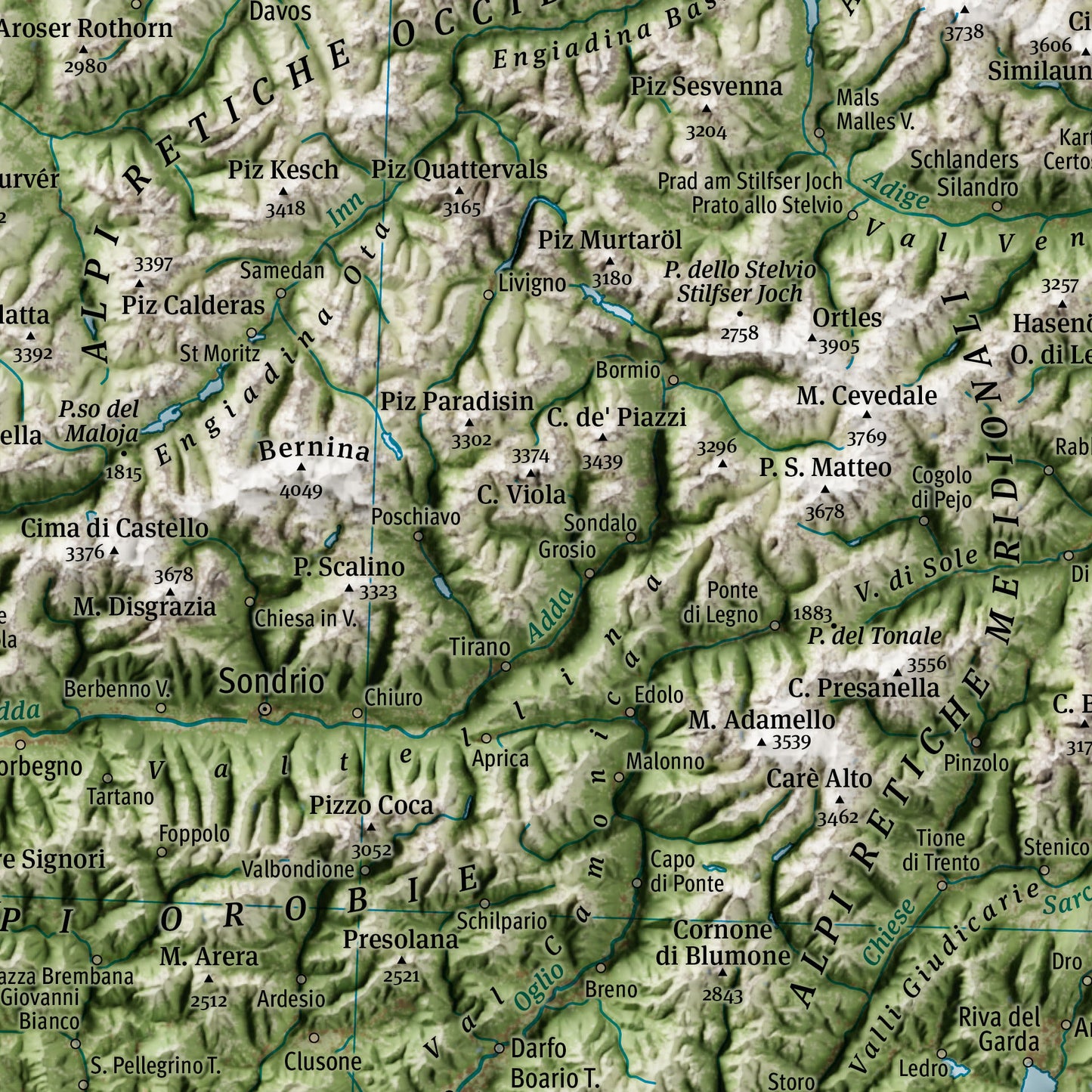 Cartina fisica murale dell'Italia - Particolare Valle Camonica, Valtellina, Gruppi Bernina, Ortles-Cevedale, Adamello.