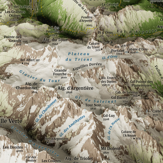 Cartina 3D del Monte Bianco- particolare area Glacier du Tour, Plateu di Trient, Aiguille d'Argentière, Aiguille du Tour.