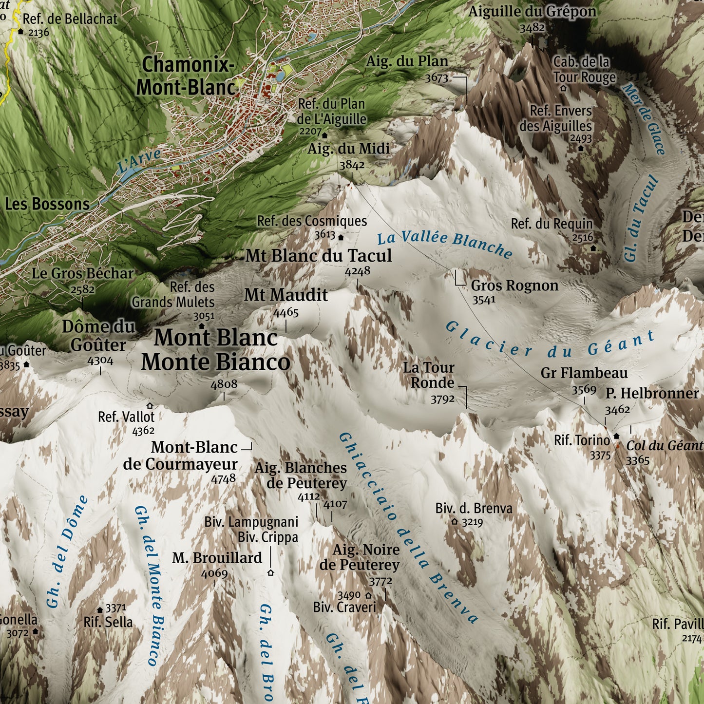 Vista sommitale del Monte Bianco con Glacier du Géant, Ghiacciao della Brenva, Mont Maudit, Mont Blanc du Tacul Aiguille du Midi, Dome du Gouter