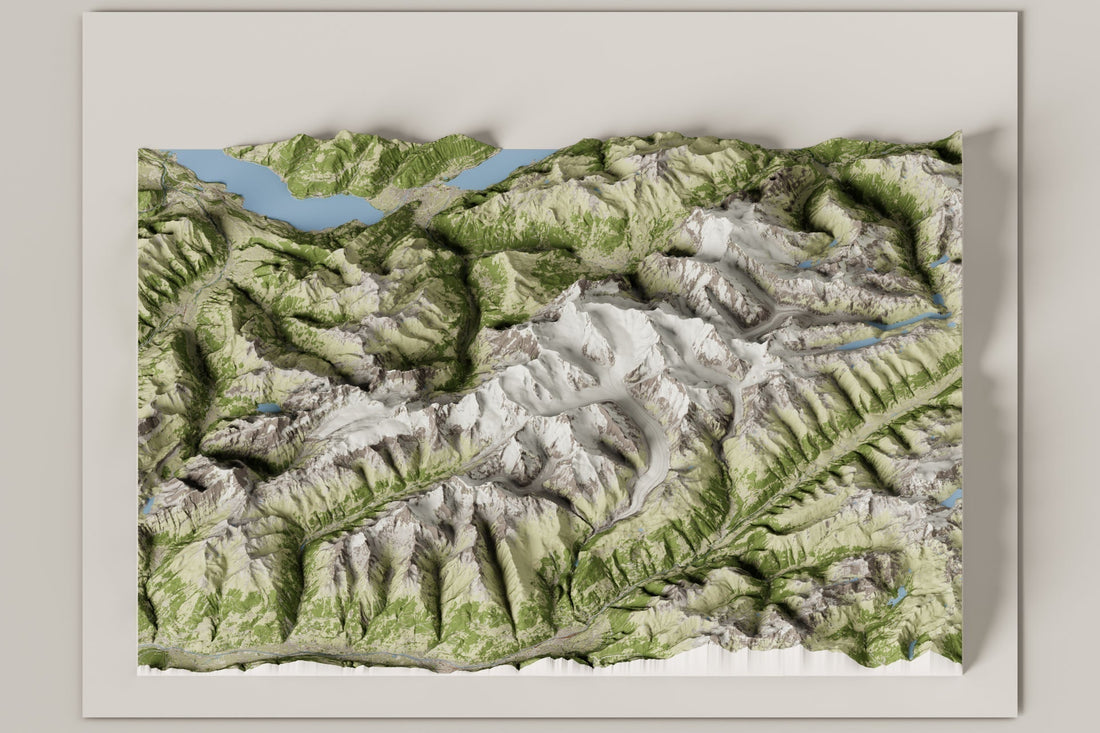 Cartina 3D delle Alpi Svizzere Junfrau-Aletsch in proiezione ortografica obliqua