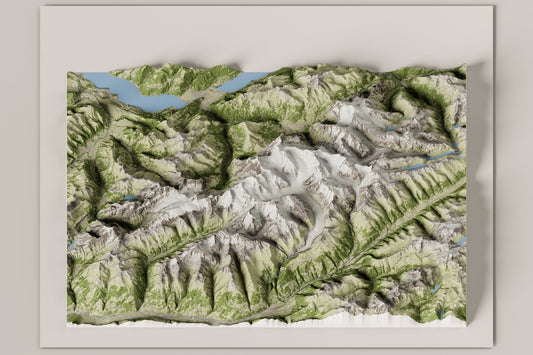 Cartina 3D delle Alpi Svizzere Junfrau-Aletsch in proiezione ortografica obliqua