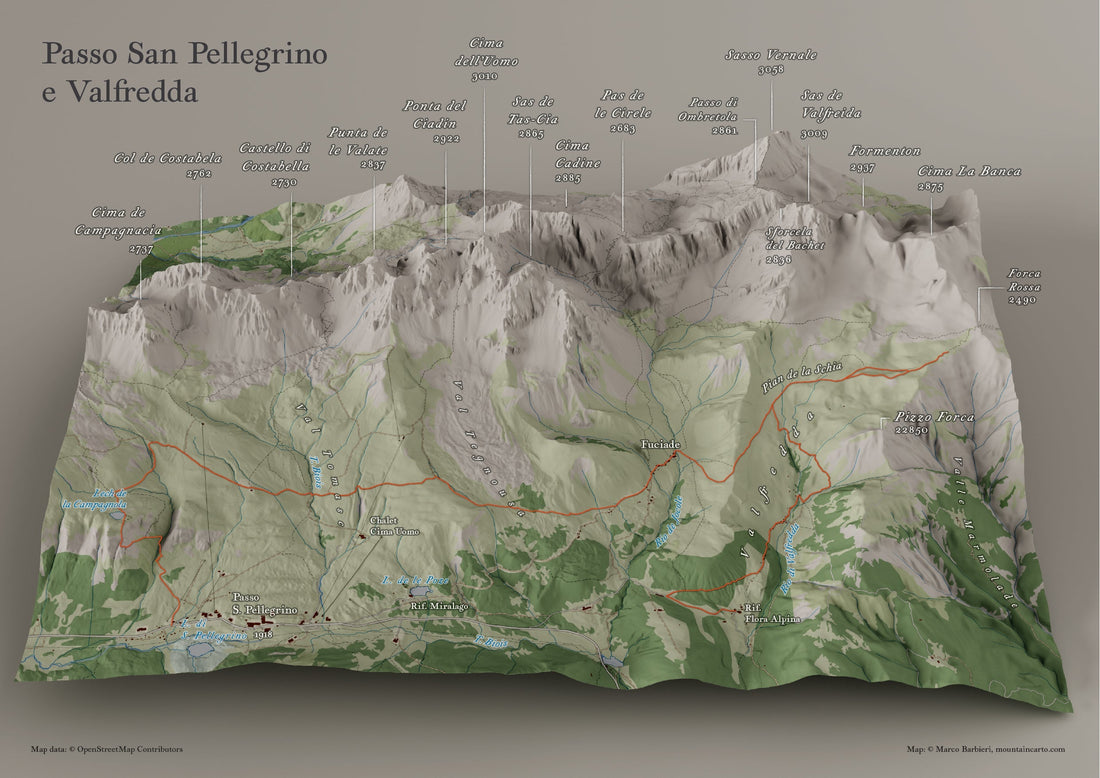 Cartina 3D del Passo San Pellegrino e Valfredda - 3D map fo Passo San Pellegrino