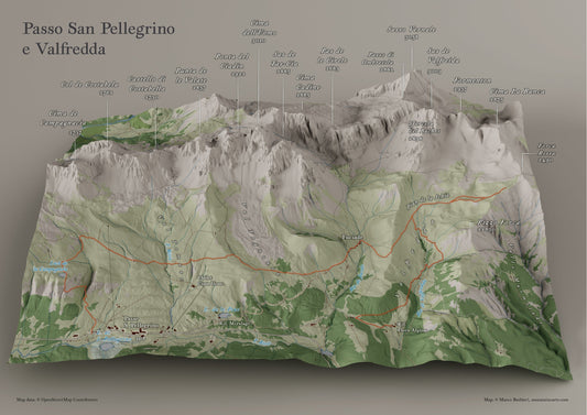 Cartina 3D del Passo San Pellegrino e Valfredda - 3D map fo Passo San Pellegrino