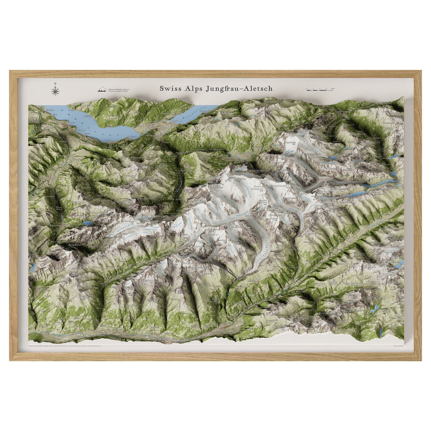 Cartina 3D Alpi Svizzere Jungfrau–Aletsch incorniciata / Framed Swiss Alps Jungfrau–Aletsch 3D panoramic map
