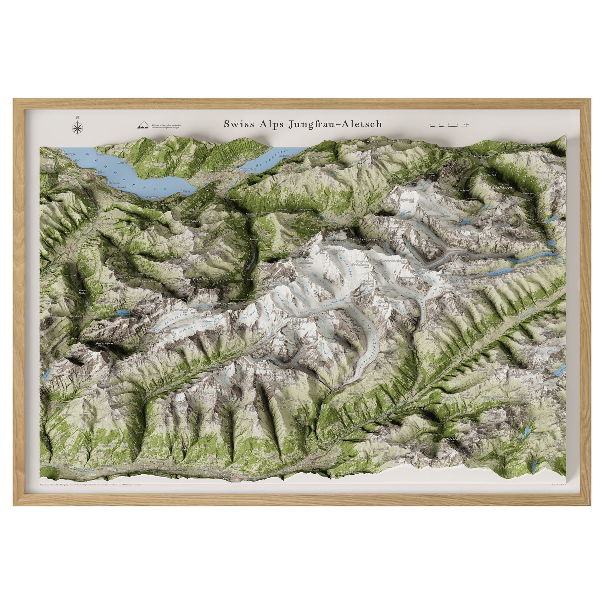 Cartina 3D Alpi Svizzere Jungfrau–Aletsch incorniciata / Framed Swiss Alps Jungfrau–Aletsch 3D panoramic map