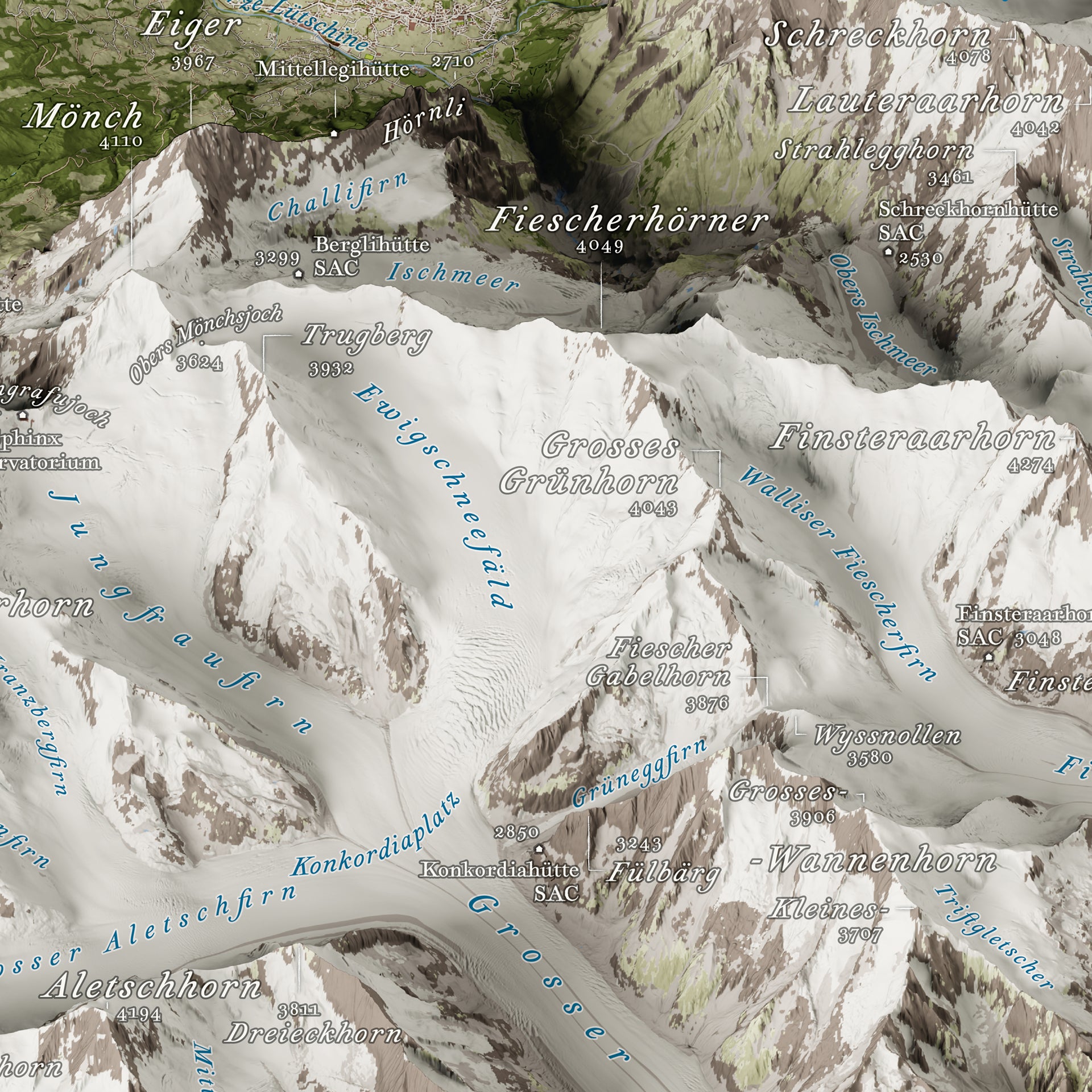 Cartina 3D Alpi Svizzere Jungfrau–Aletsch con Eiger, Mönch, Fiescherhörner, Finsteraarhorn, Konkordiaplatz / Swiss Alps Jungfrau–Aletsch 3D map with Eiger, Mönch, Fiescherhörner, Finsteraarhorn, Konkordiaplatz