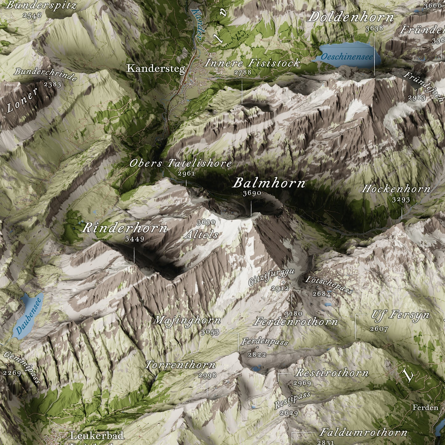 Cartina 3D Alpi Svizzere Jungfrau–Aletsch con Rinderhorn, Balmhorn, Doldenhorn, Oeschinensee / Swiss Alps Jungfrau–Aletsch 3D map with Rinderhorn, Balmhorn, Doldenhorn
