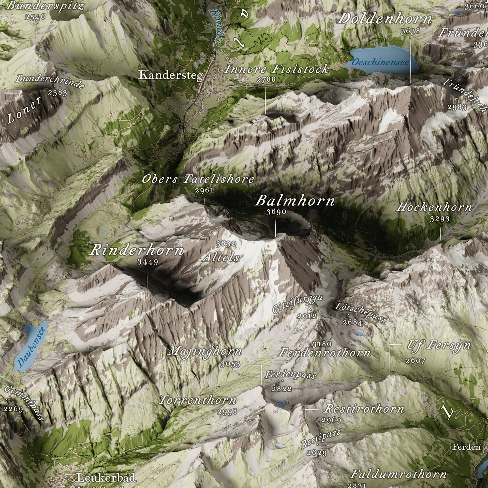 Cartina 3D Alpi Svizzere Jungfrau–Aletsch con Rinderhorn, Balmhorn, Doldenhorn, Oeschinensee / Swiss Alps Jungfrau–Aletsch 3D map with Rinderhorn, Balmhorn, Doldenhorn
