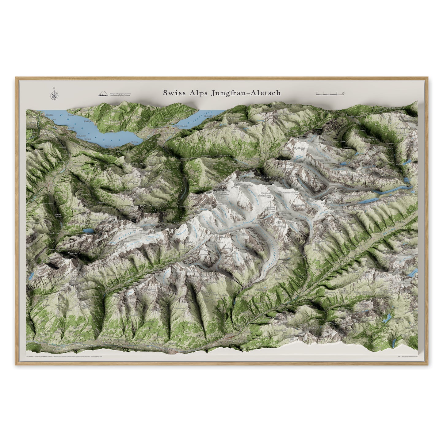 Cartina panoramica 3D delle Alpi Svizzere Jungfrau-Aletsch, proiezione ortografica obliqua — Ghiacciaio dell'Aletsch, Eiger e Jungfrau, stampa incorniciata da parete · Panoramic 3D map of the Swiss Alps Jungfrau-Aletsch, oblique orthographic projection — Aletsch Glacier, Eiger and Jungfrau, framed wall print
