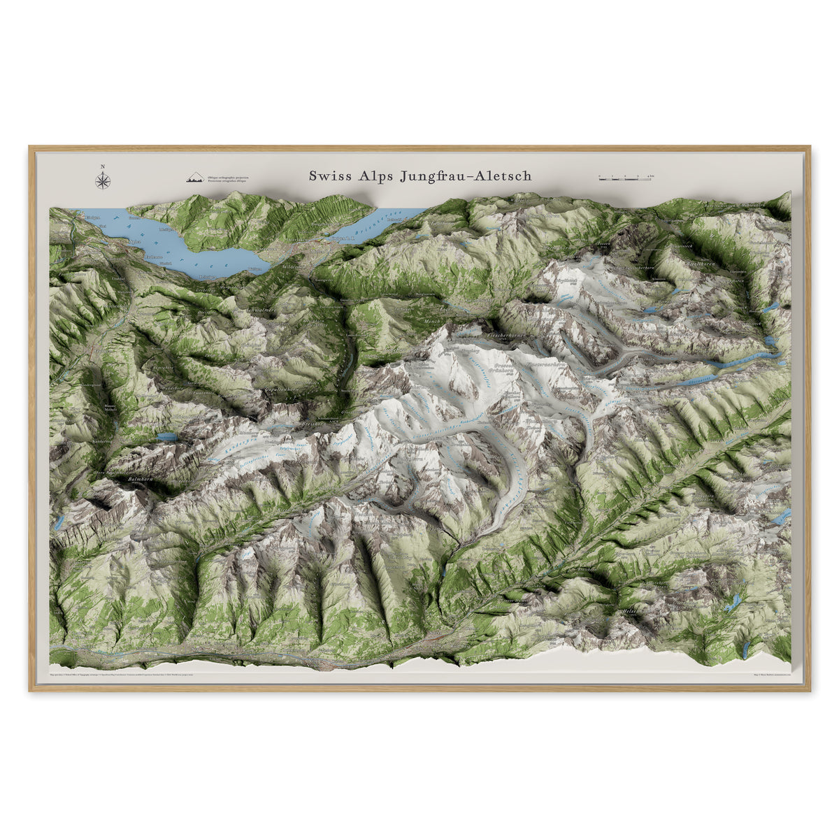 Cartina panoramica 3D delle Alpi Svizzere Jungfrau-Aletsch, proiezione ortografica obliqua — Ghiacciaio dell'Aletsch, Eiger e Jungfrau, stampa incorniciata da parete · Panoramic 3D map of the Swiss Alps Jungfrau-Aletsch, oblique orthographic projection — Aletsch Glacier, Eiger and Jungfrau, framed wall print