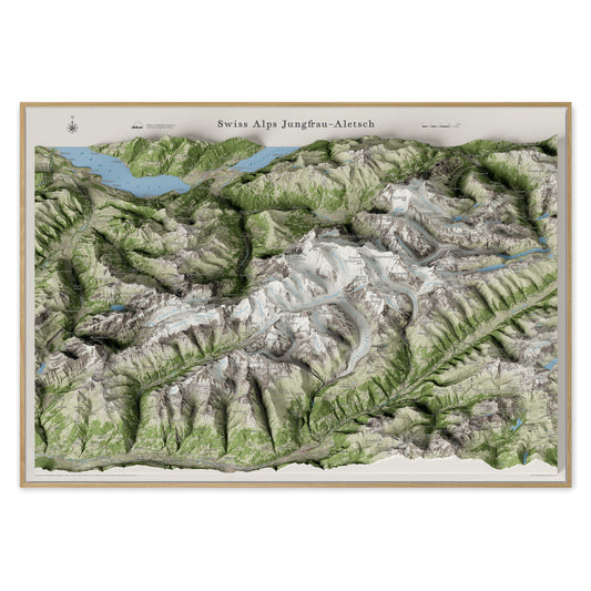 Cartina panoramica 3D delle Alpi Svizzere Jungfrau-Aletsch, proiezione ortografica obliqua — Ghiacciaio dell'Aletsch, Eiger e Jungfrau, stampa incorniciata da parete · Panoramic 3D map of the Swiss Alps Jungfrau-Aletsch, oblique orthographic projection — Aletsch Glacier, Eiger and Jungfrau, framed wall print