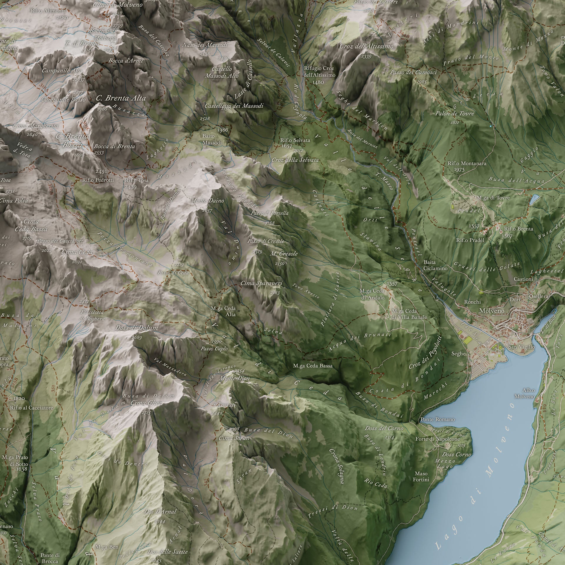 Cartina 3D panoramica delle Dolomiti di Brenta – Particolare del Lago di Molveno e del Croz dell'Altissimo / 3D panoramic map of the Brenta Dolomites – Detail of Lake Molveno and Croz dell'Altissimo