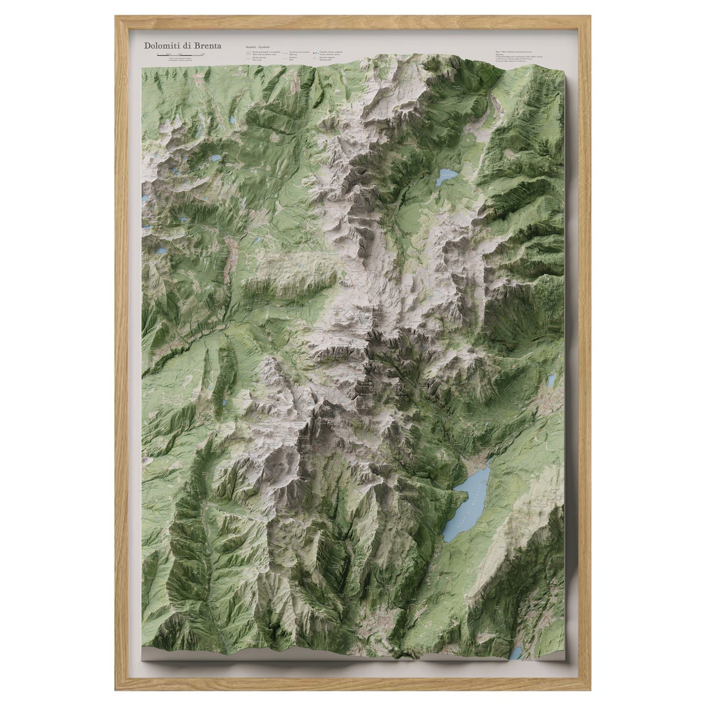 Cartina 3D panoramica delle Dolomiti di Brenta in proiezione obliqua / 3D panoramic map of the Brenta Dolomites in oblique projectionoblique projection