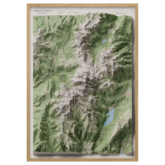 Cartina 3D panoramica delle Dolomiti di Brenta in proiezione obliqua / 3D panoramic map of the Brenta Dolomites in oblique projectionoblique projection