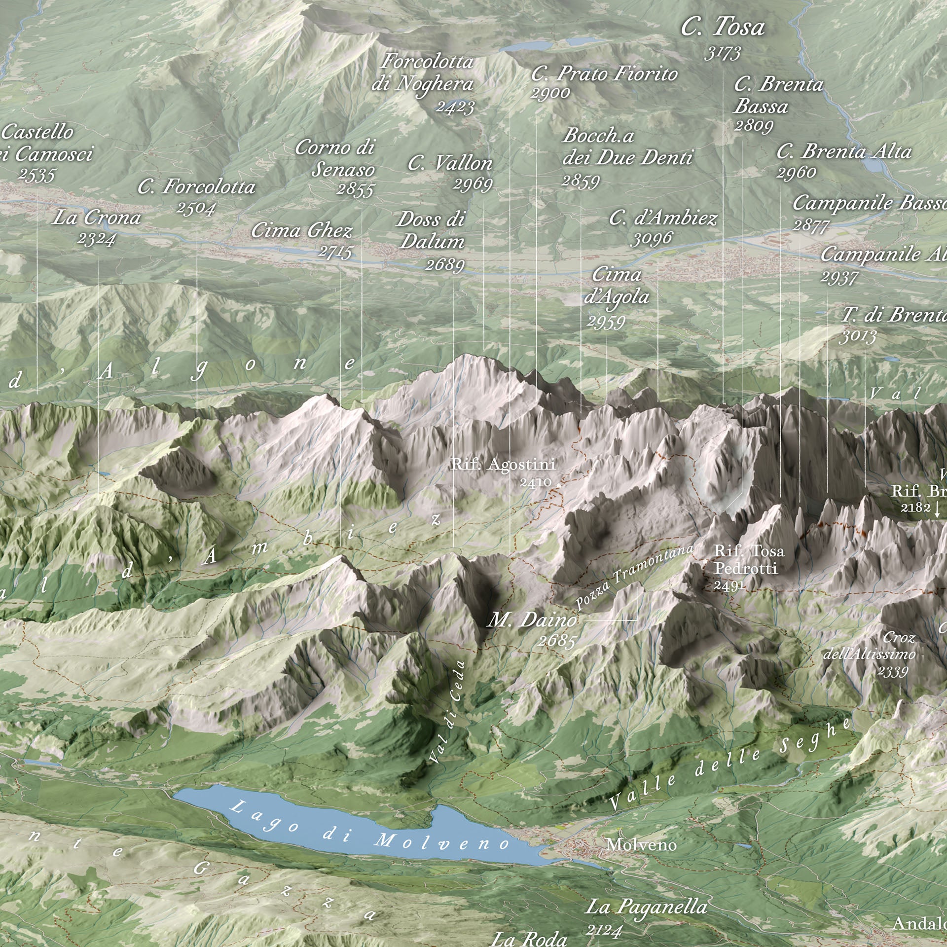 Cartina 3D delle Dolomiti di Brenta – Vista panoramica da Est con Lago di Molveno e Cima Tosa / 3D map of the Brenta Dolomites – Panoramic view from the East with Lake Molveno and Cima Tosa
