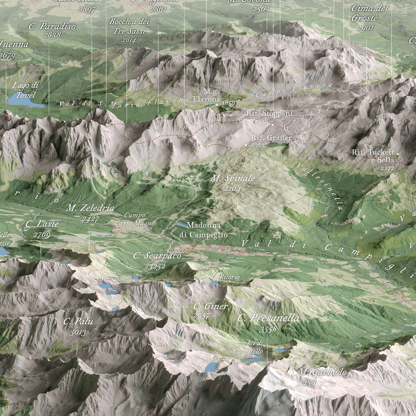 Cartina 3D delle Dolomiti di Brenta – Vista panoramica da Ovest con dettaglio di Madonna di Campiglio / 3D map of the Brenta Dolomites – Panoramic view from the West with detail of Madonna di Campiglio