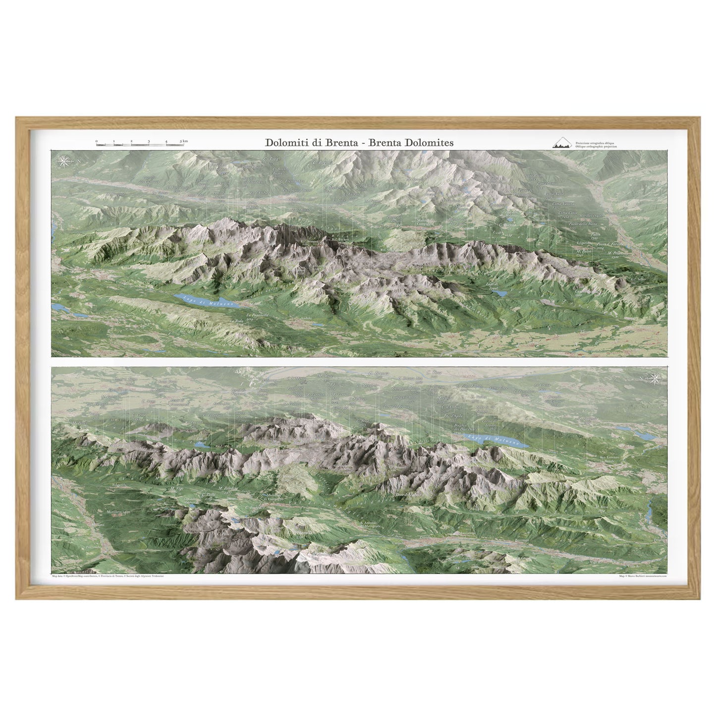 Cartina 3D panoramica delle Dolomiti di Brenta con doppia vista cartografica / 3D panoramic map of the Brenta Dolomites with dual cartographic view