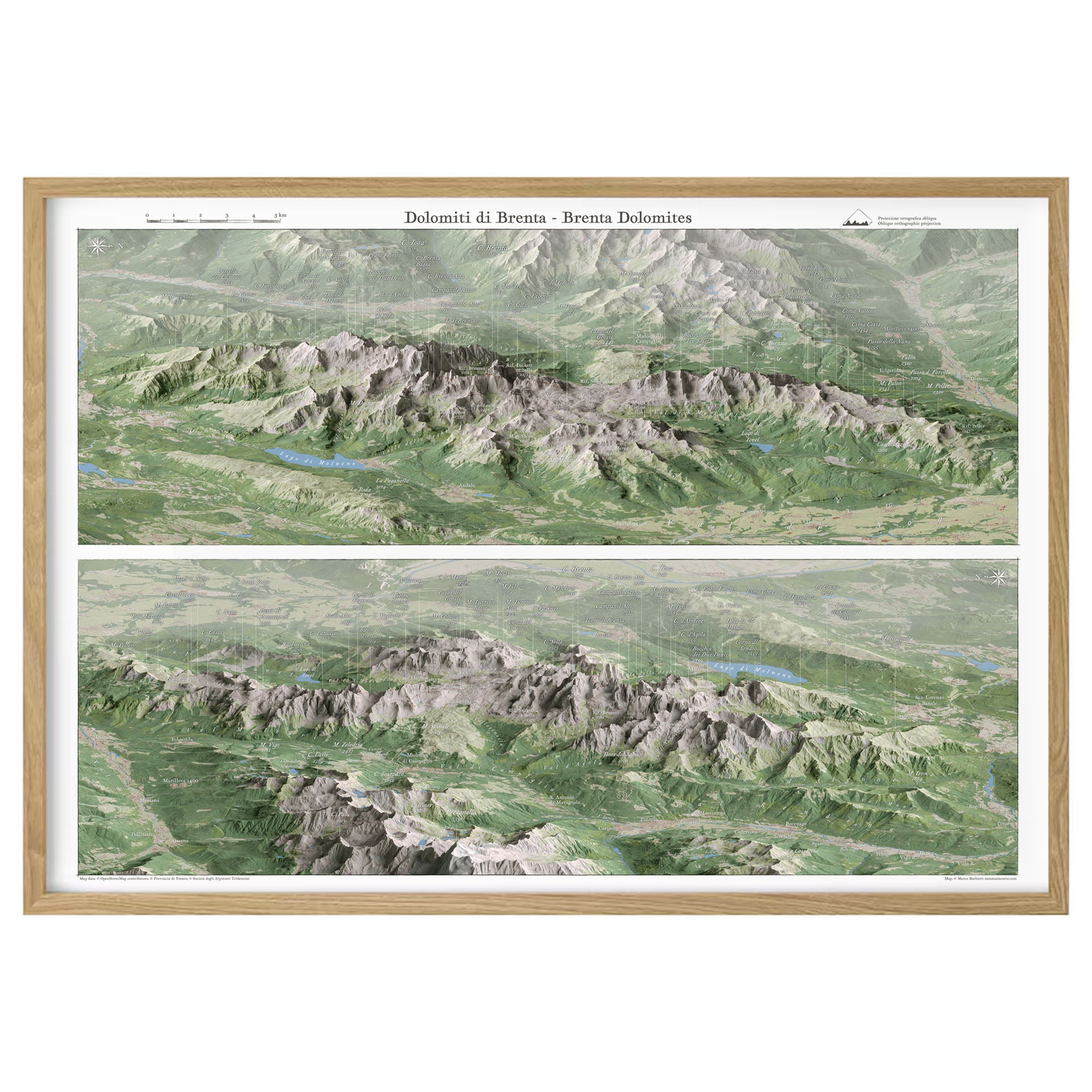 Cartina 3D panoramica delle Dolomiti di Brenta con doppia vista cartografica / 3D panoramic map of the Brenta Dolomites with dual cartographic view