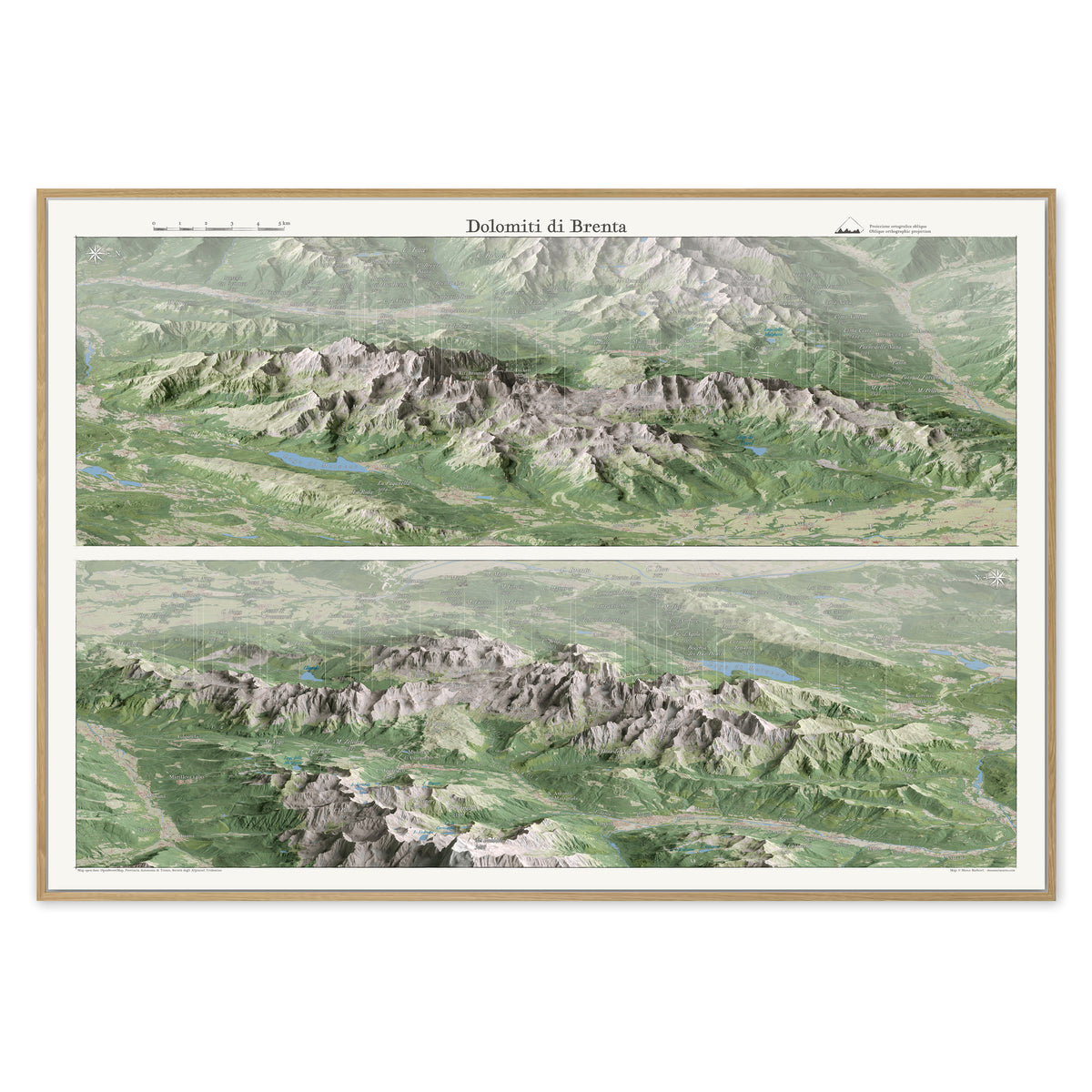 Stampa incorniciata delle Dolomiti di Brenta in due viste panoramiche 3D, proiezione ortografica obliqua — mappa da parete · Framed print of the Brenta Dolomites in two 3D panoramic views, oblique orthographic projection — wall map