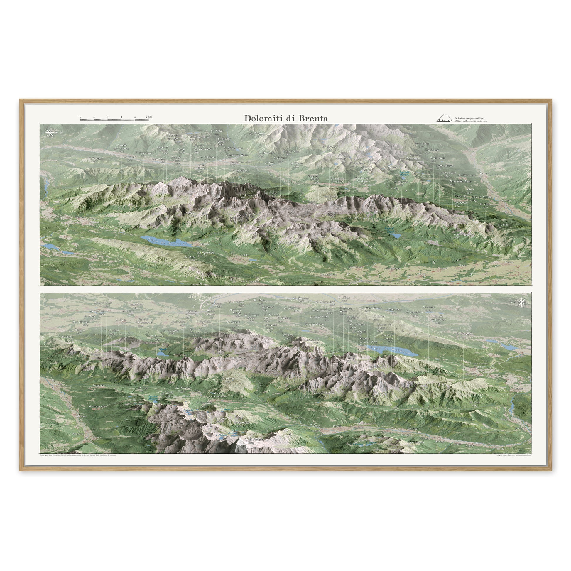 Stampa incorniciata delle Dolomiti di Brenta in due viste panoramiche 3D, proiezione ortografica obliqua — mappa da parete · Framed print of the Brenta Dolomites in two 3D panoramic views, oblique orthographic projection — wall map