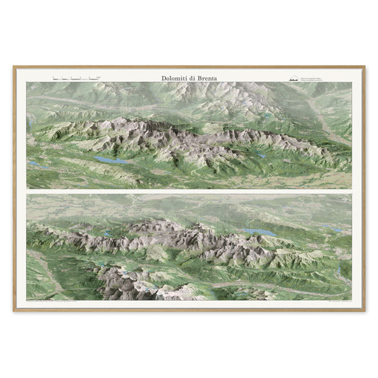 Stampa incorniciata delle Dolomiti di Brenta in due viste panoramiche 3D, proiezione ortografica obliqua — mappa da parete · Framed print of the Brenta Dolomites in two 3D panoramic views, oblique orthographic projection — wall map