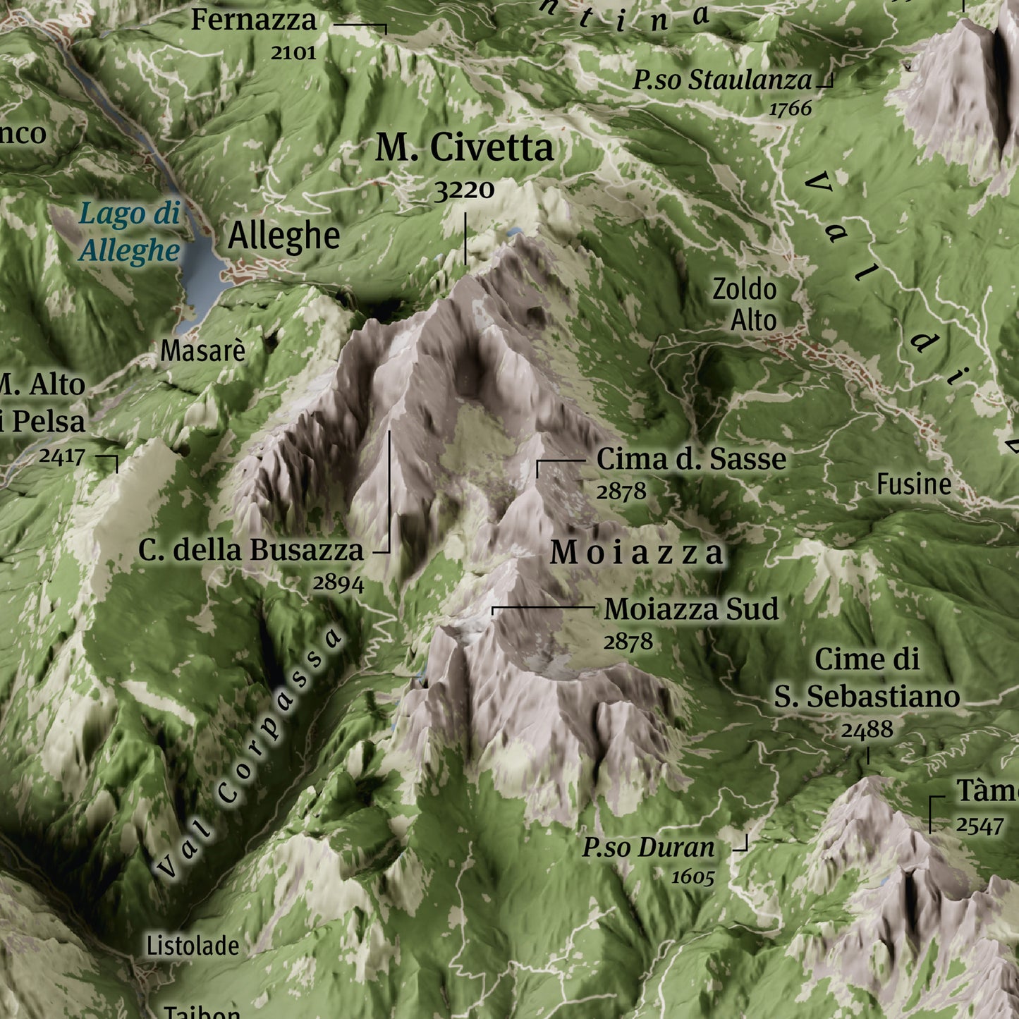 Cartina panoramica 3D delle Dolomiti - particolare Monte Civetta, Moiazza, Alleghe