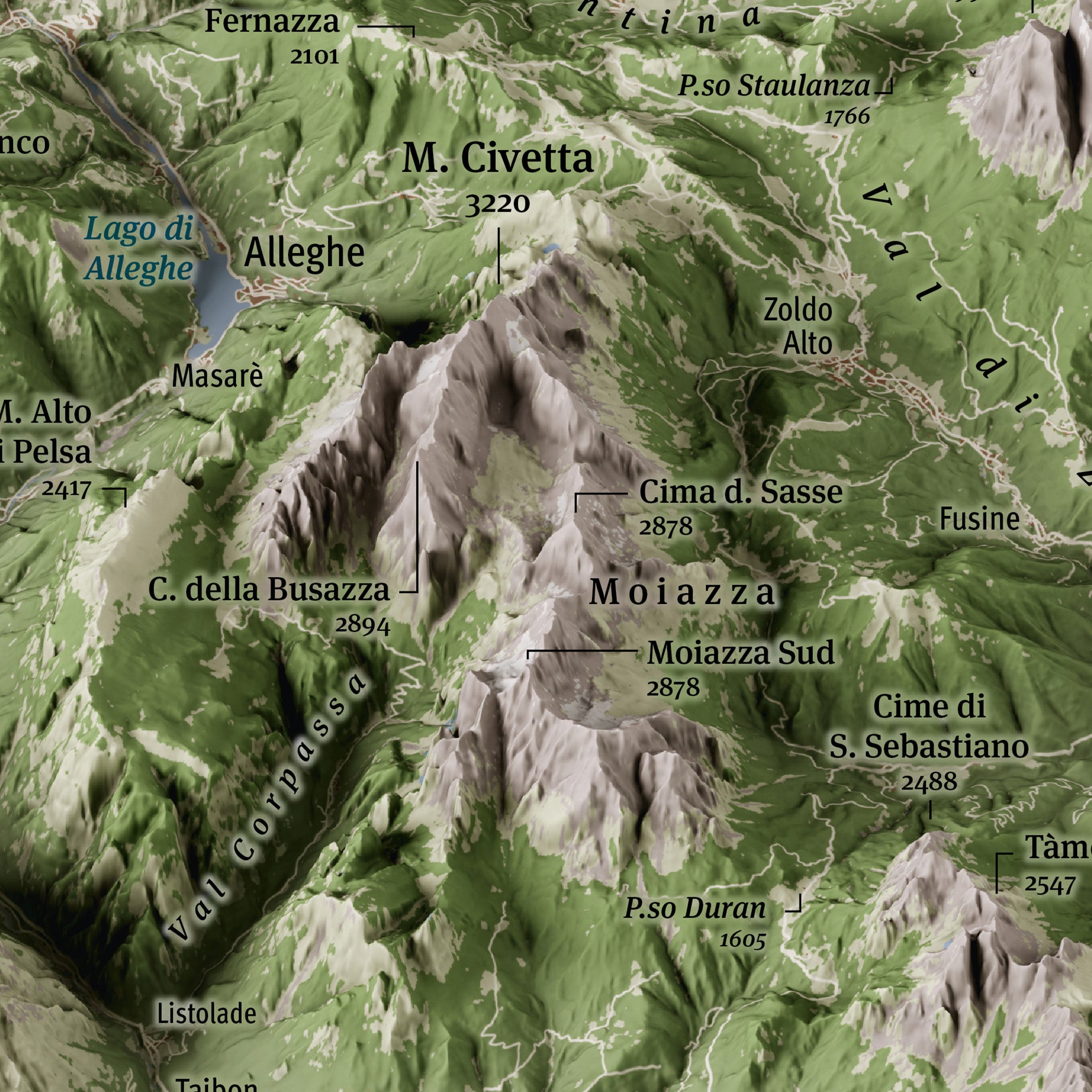 Cartina panoramica 3D delle Dolomiti - particolare Monte Civetta, Moiazza, Alleghe