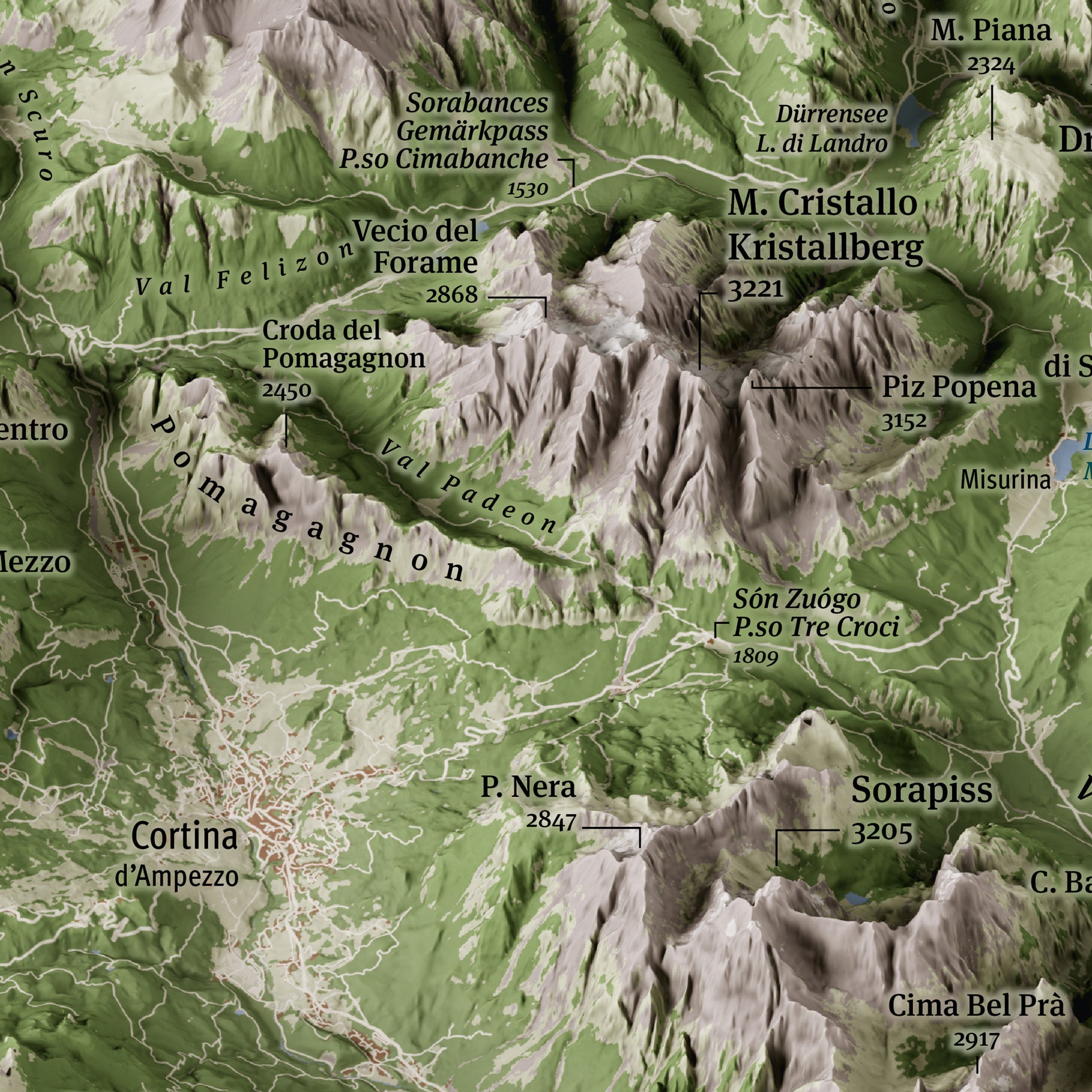 Cartina panoramica 3D delle Dolomiti - particolare Cortina Ampezzo, Monte Cristallo, Sorapiss