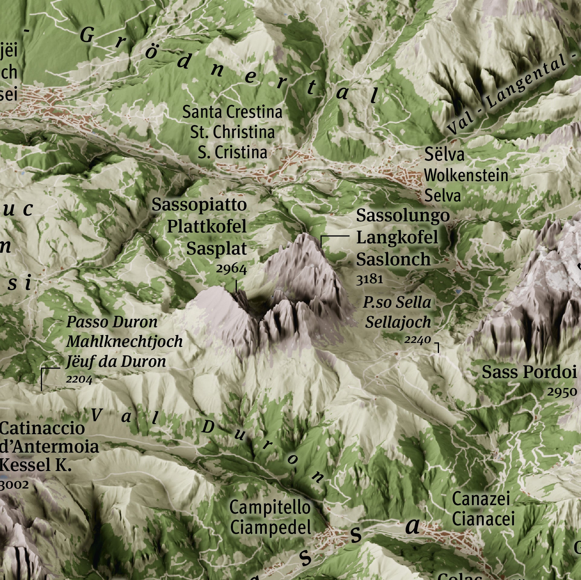 Cartina panoramica 3D delle Dolomiti - particolare Sassolungo e sassopiatto