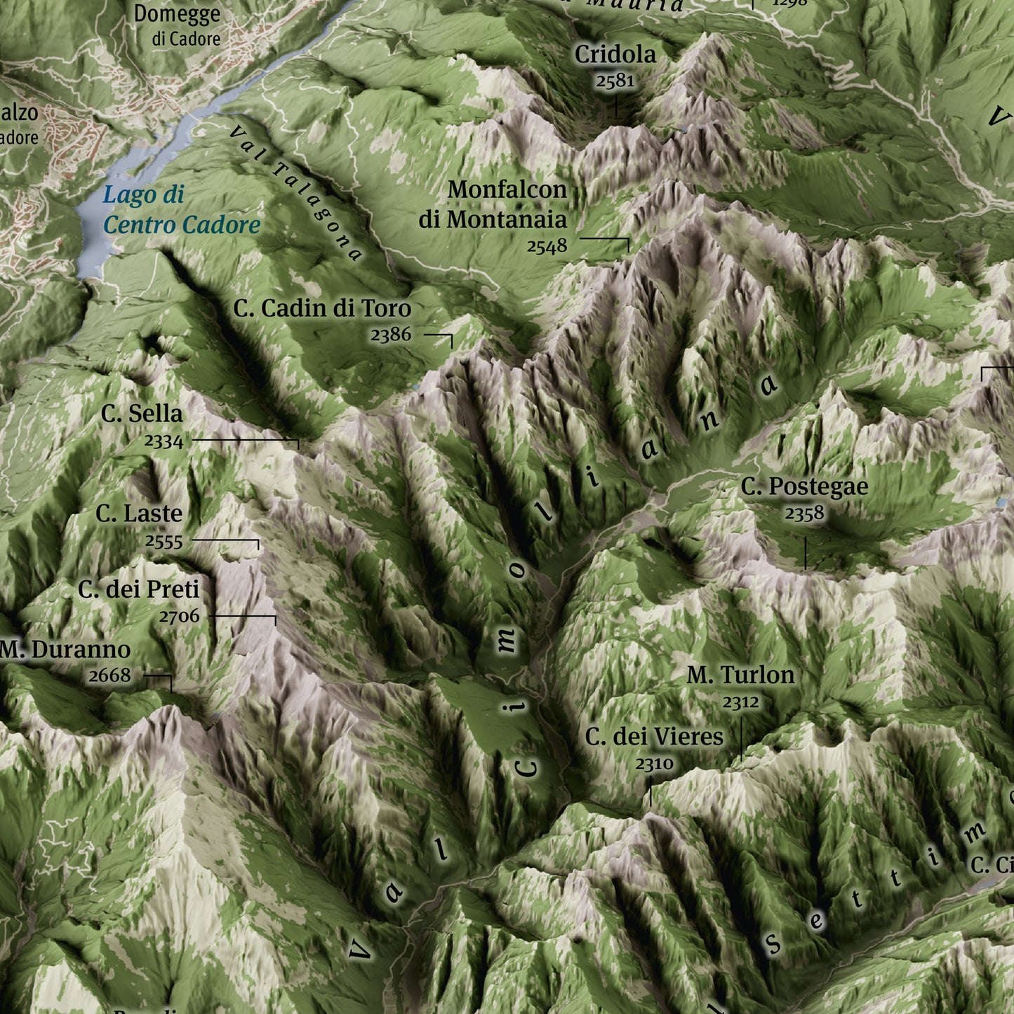 Cartina panoramica 3D delle Dolomiti - particolare Val Cimolana, Monfalcon di Montanaia