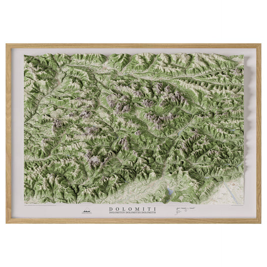 Cartina 3D panoramica delle Dolomiti in proiezione ortografica obliqua / 3D panoramic map of the Dolomites in oblique orthographic projection
