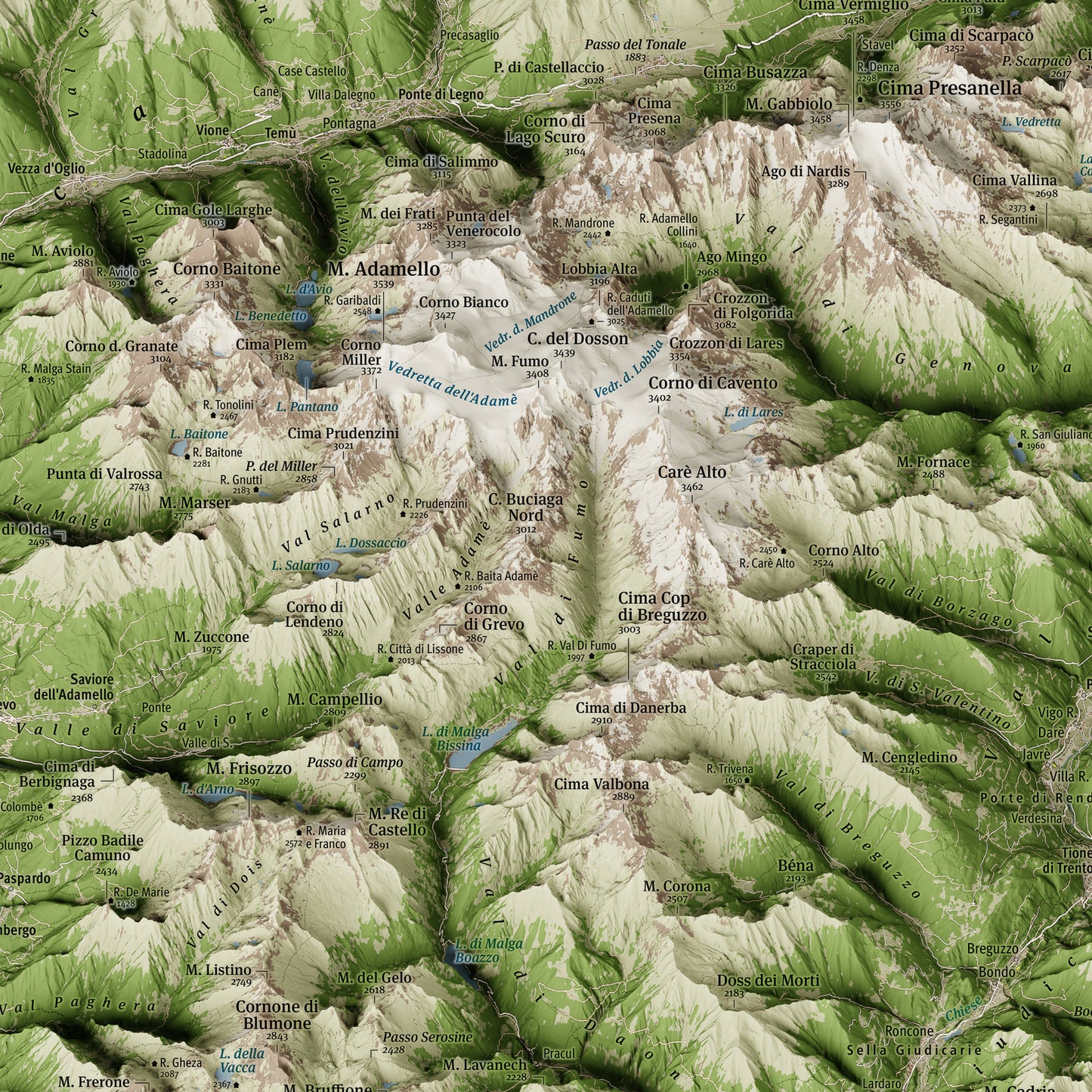 Mappa 3D Adamello Presanella — proiezione obliqua panoramica · 3D map of Adamello Presanella massif