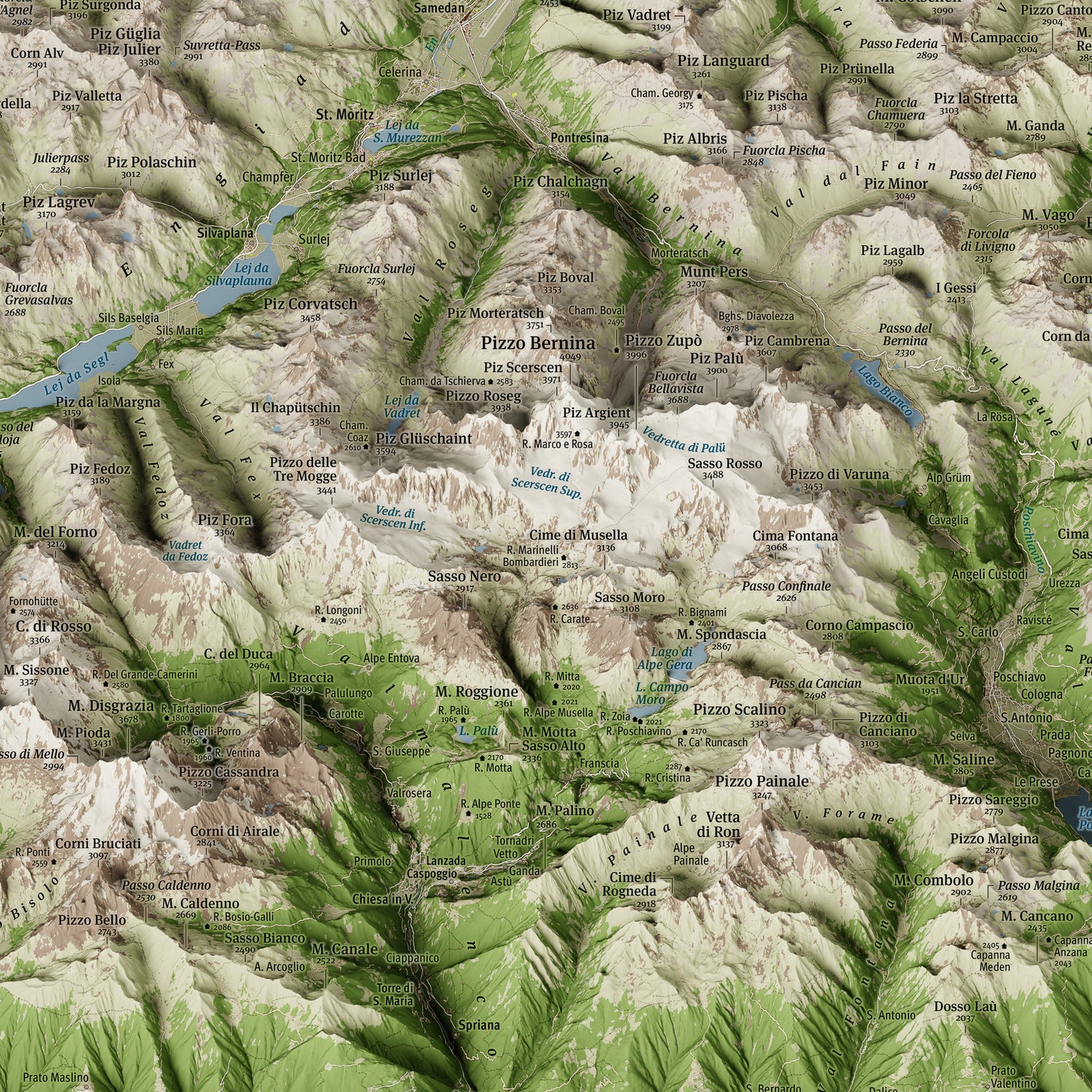 Mappa 3D Bernina — ghiacciai e vette dell'Alta Engadina · 3D map of Bernina group