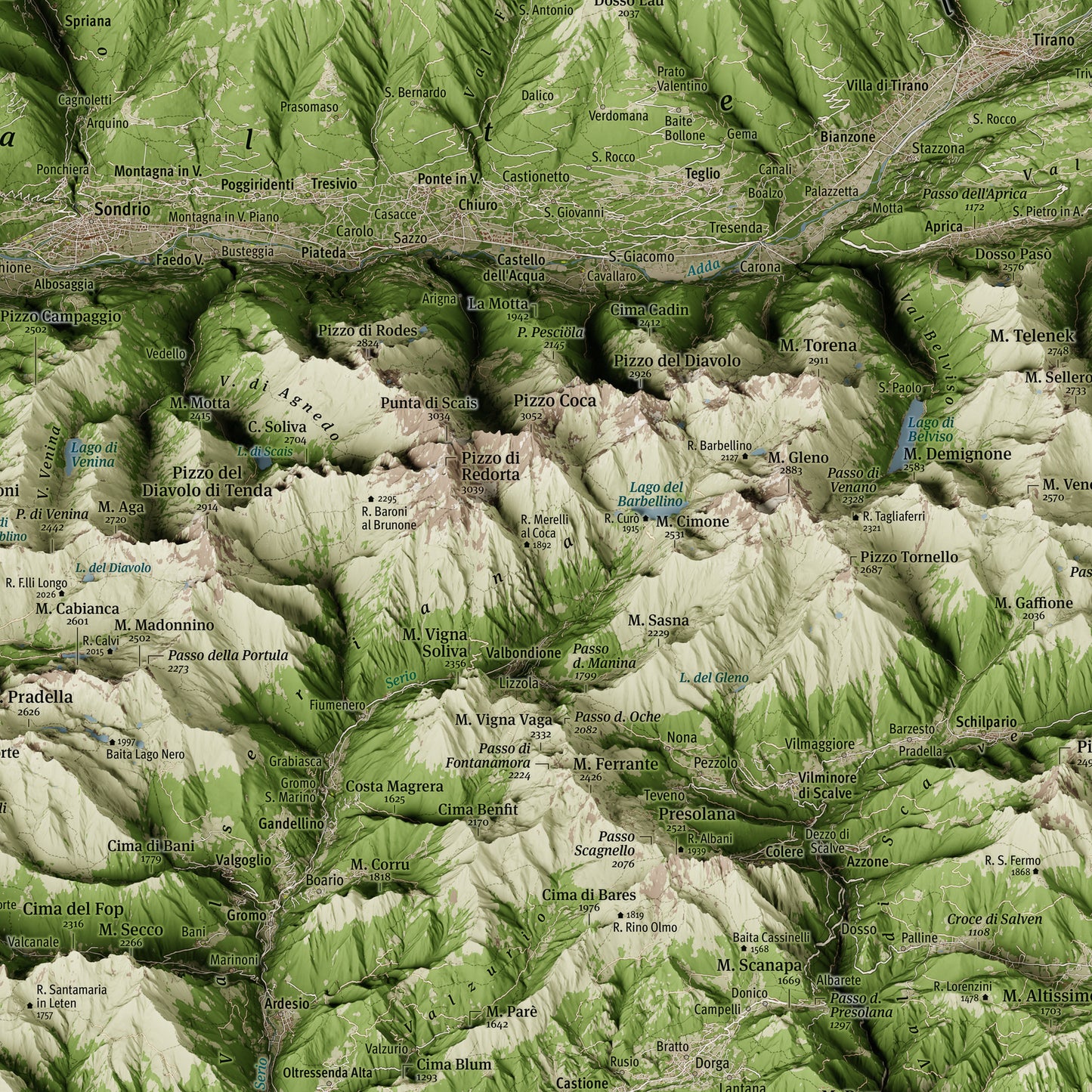 Mappa 3D Alpi Orobie — proiezione obliqua panoramica · 3D map of the Orobie Alps
