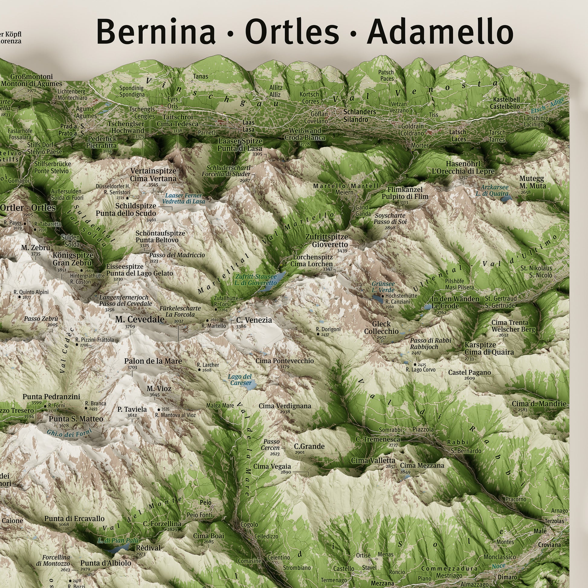 Mappa 3D Ortles Cevedale — proiezione obliqua panoramica · 3D map of Ortler Cevedale massif