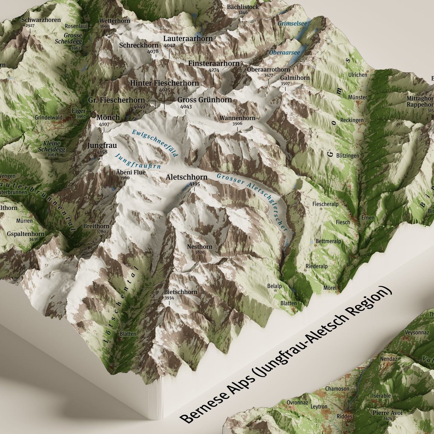 Dettaglio delle Alpi Bernesi con Jungfrau e Finsteraarhorn nella mappa dei 4000 delle Alpi | Bernese Alps detail with Jungfrau and Finsteraarhorn from the map of the Alps' 4000ers