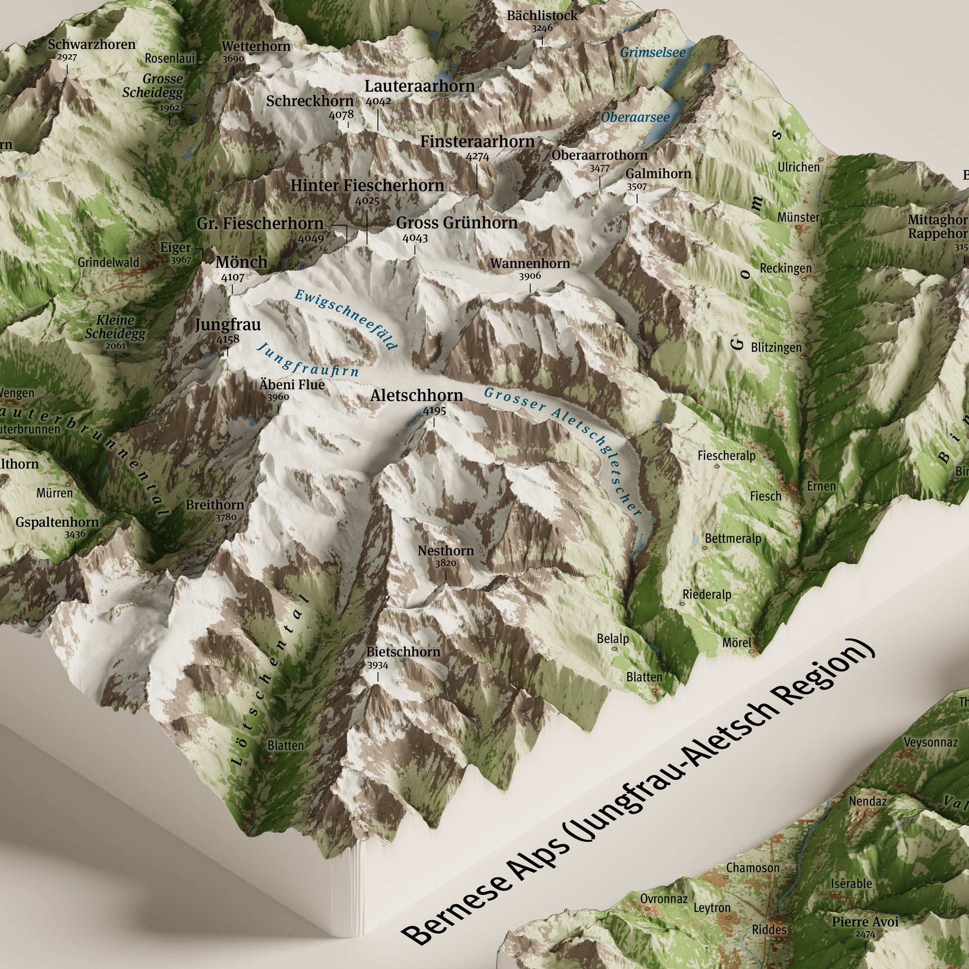 Dettaglio delle Alpi Bernesi con Jungfrau e Finsteraarhorn nella mappa dei 4000 delle Alpi | Bernese Alps detail with Jungfrau and Finsteraarhorn from the map of the Alps' 4000ers