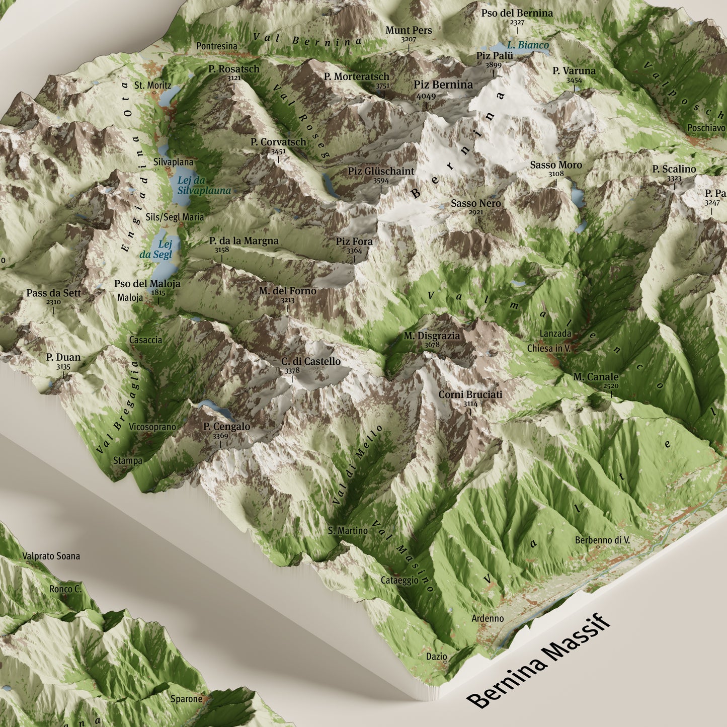 Dettaglio del massiccio del Bernina con il Piz Bernina nella mappa dei 4000 delle Alpi | Bernina massif detail with Piz Bernina from the map of the Alps' 4000ers