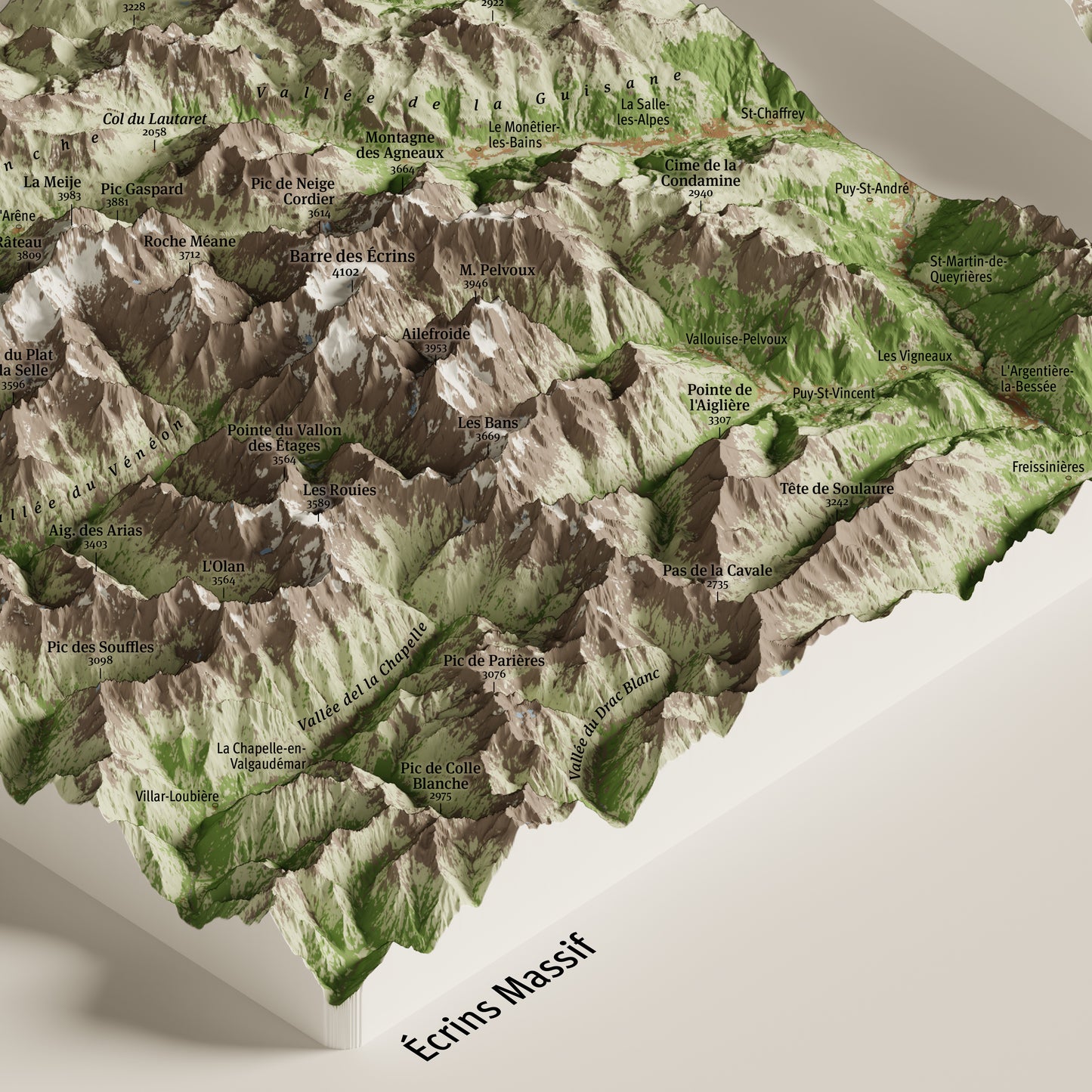 Dettaglio del massiccio degli Écrins nella mappa panoramica dei 4000 delle Alpi | Écrins massif detail from the panoramic map of the Alps' 4000ers