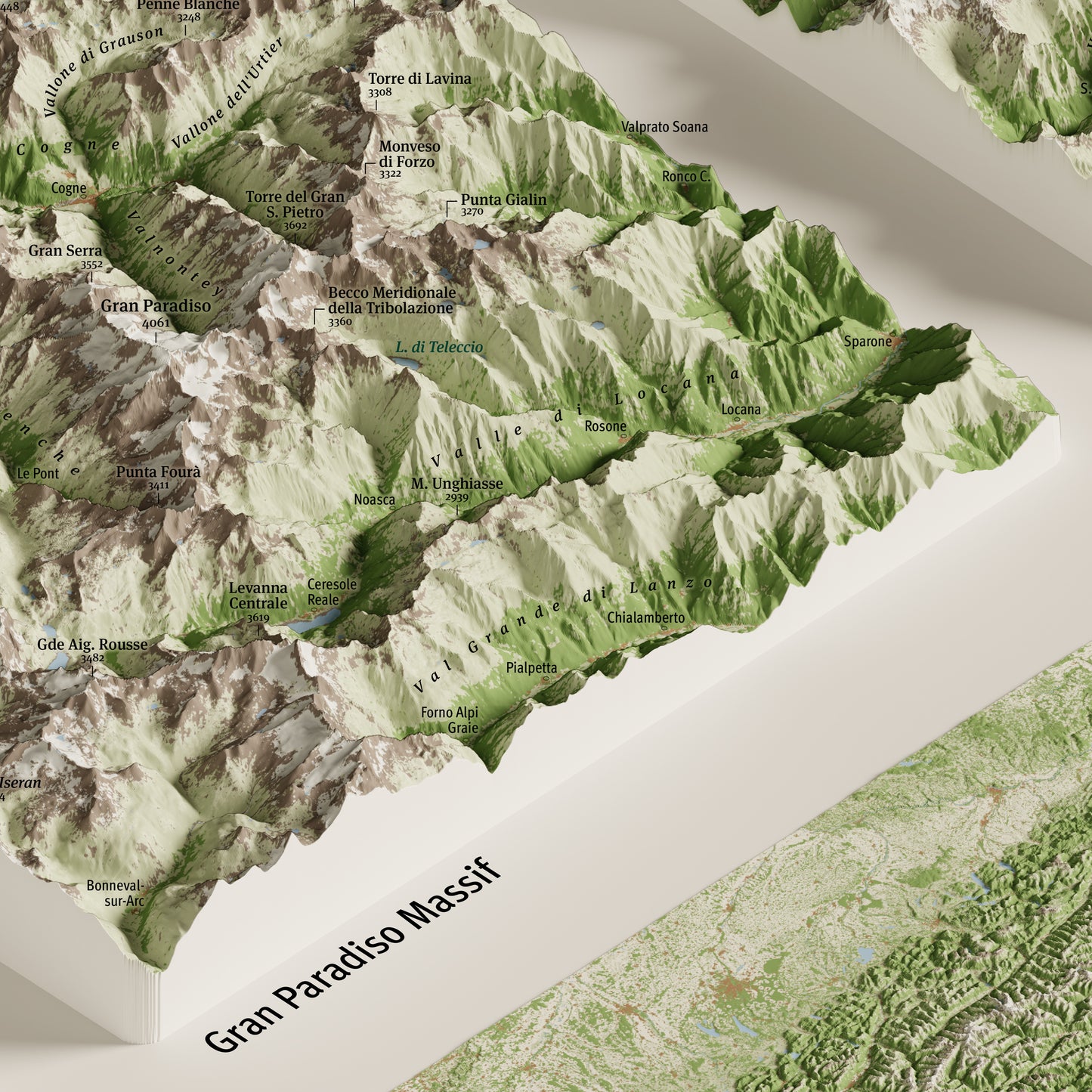 Dettaglio del massiccio del Gran Paradiso nella mappa panoramica dei 4000 delle Alpi | Gran Paradiso massif detail from the panoramic map of the Alps' 4000ers