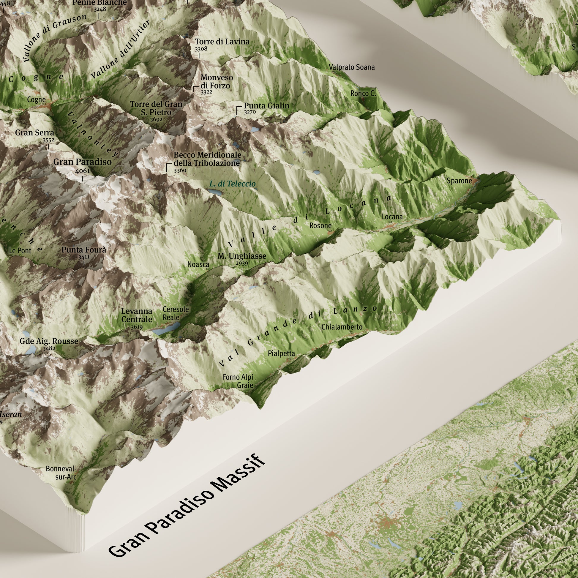 Dettaglio del massiccio del Gran Paradiso nella mappa panoramica dei 4000 delle Alpi | Gran Paradiso massif detail from the panoramic map of the Alps' 4000ers