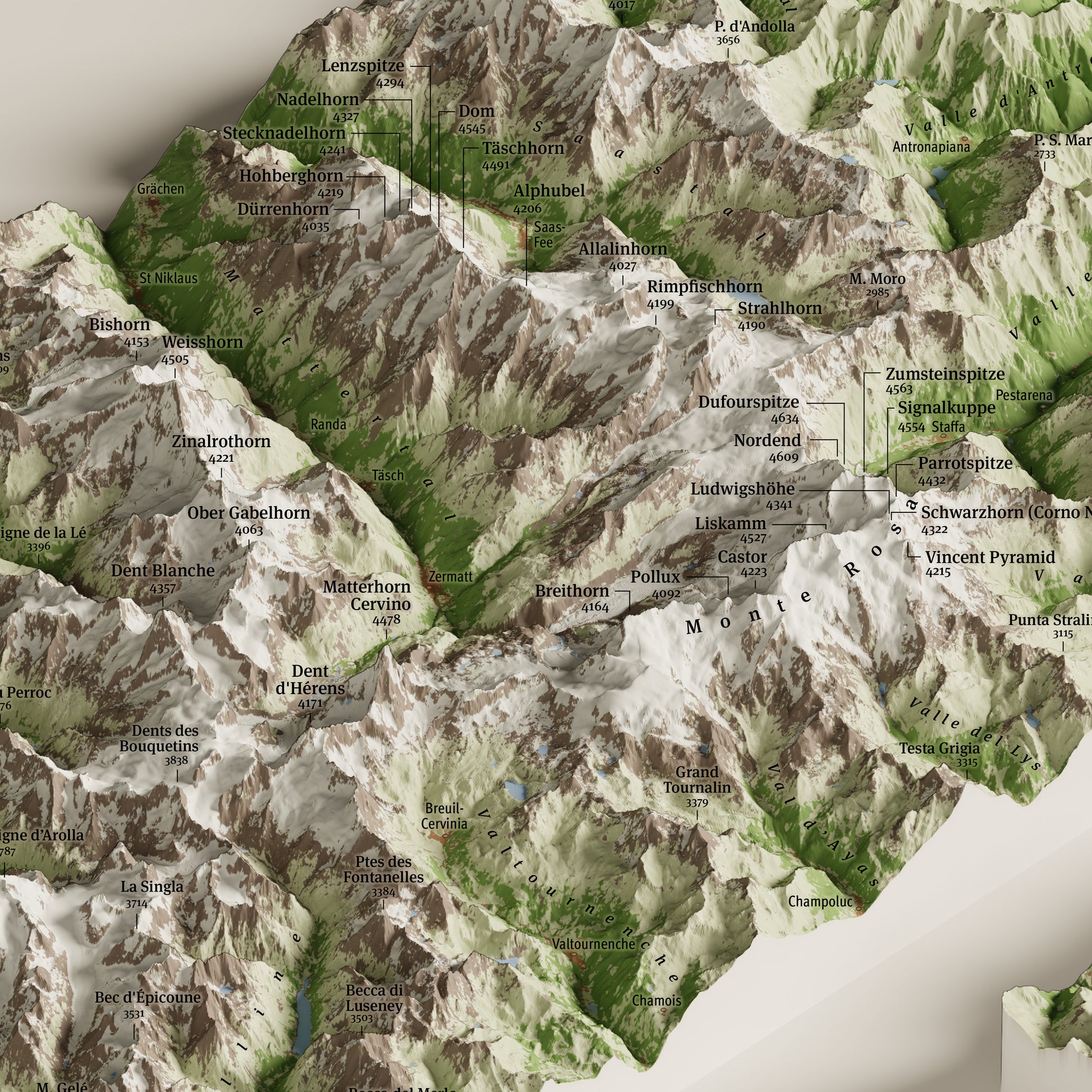 Dettaglio delle Alpi Pennine con Monte Rosa e Cervino nella mappa dei 4000 delle Alpi | Pennine Alps detail with Monte Rosa and Matterhorn from the map of the Alps' 4000ers