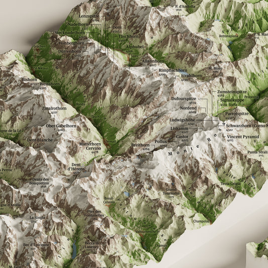Dettaglio delle Alpi Pennine con Monte Rosa e Cervino nella mappa dei 4000 delle Alpi | Pennine Alps detail with Monte Rosa and Matterhorn from the map of the Alps' 4000ers